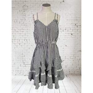 Maison Tara Womens Black White Gingham Check Strappy Ruffle Cottage Dress Sz 12